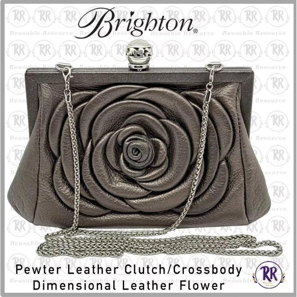 Brighton Pewter Leather Clutch Crossbody Purse Large Dimensional Flower on Front